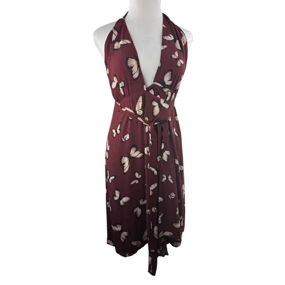 Reformation Johnson Dress Wrap Halter Tie Butterfly Print Burgundy Women's Large - Picture 14 of 15